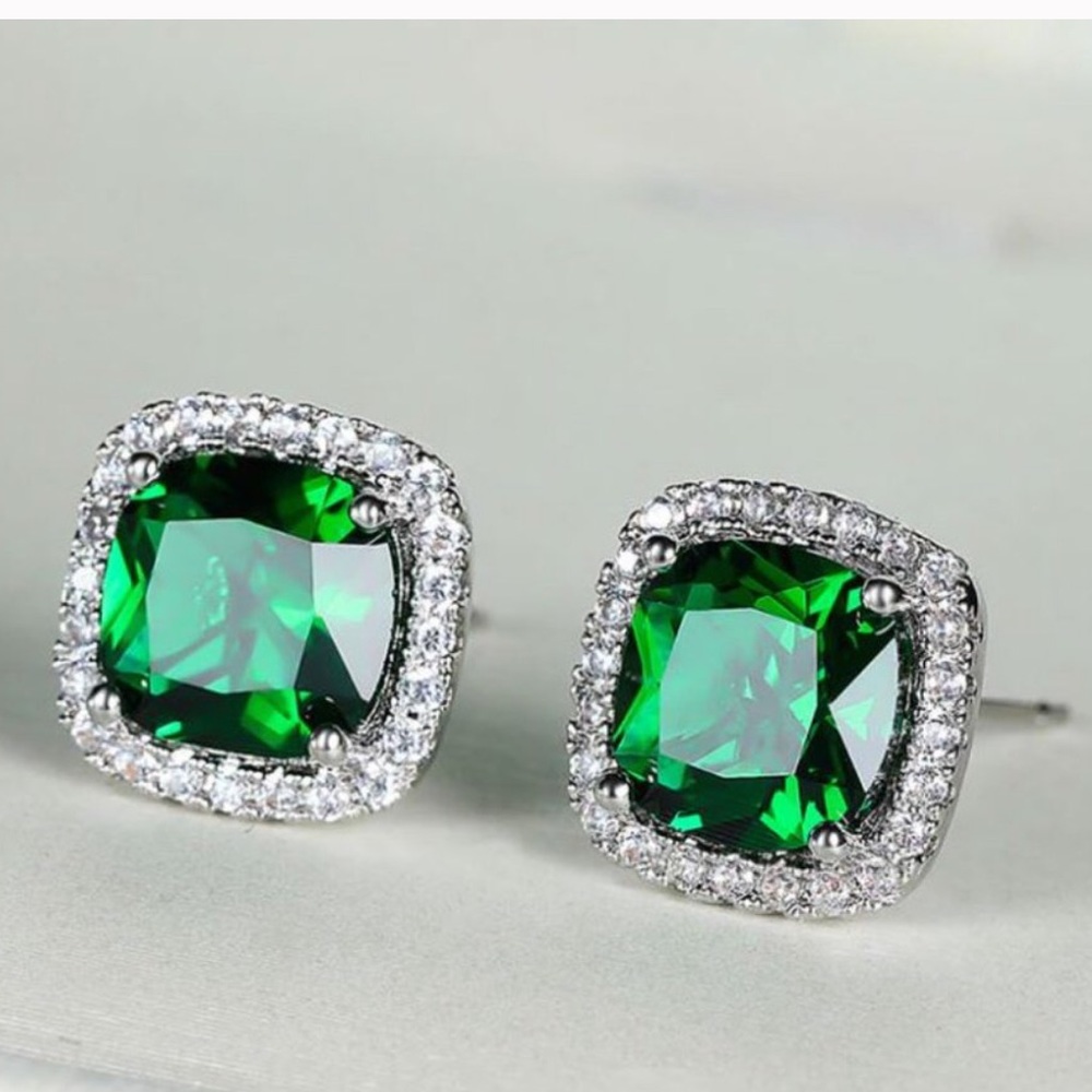 925 Silver Emerald Topaz & Sapphire Halo Earrings